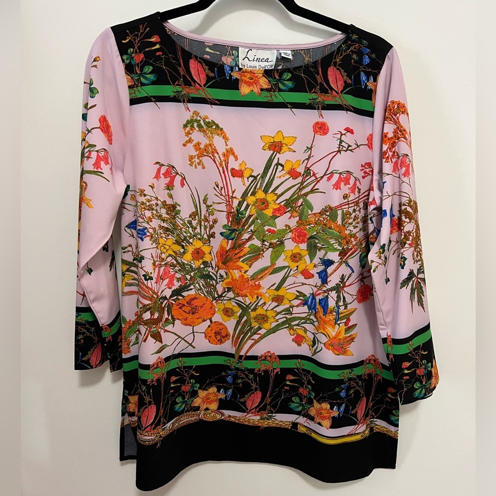 Linea Louis Dell'olio Blouse Women’s Size 10 Pink & Black Floral Feminine